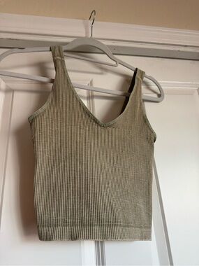 Lemon Tree OS One Size Army Olive Green Taupe Thin Ribbed Fitted Crop Tank Top